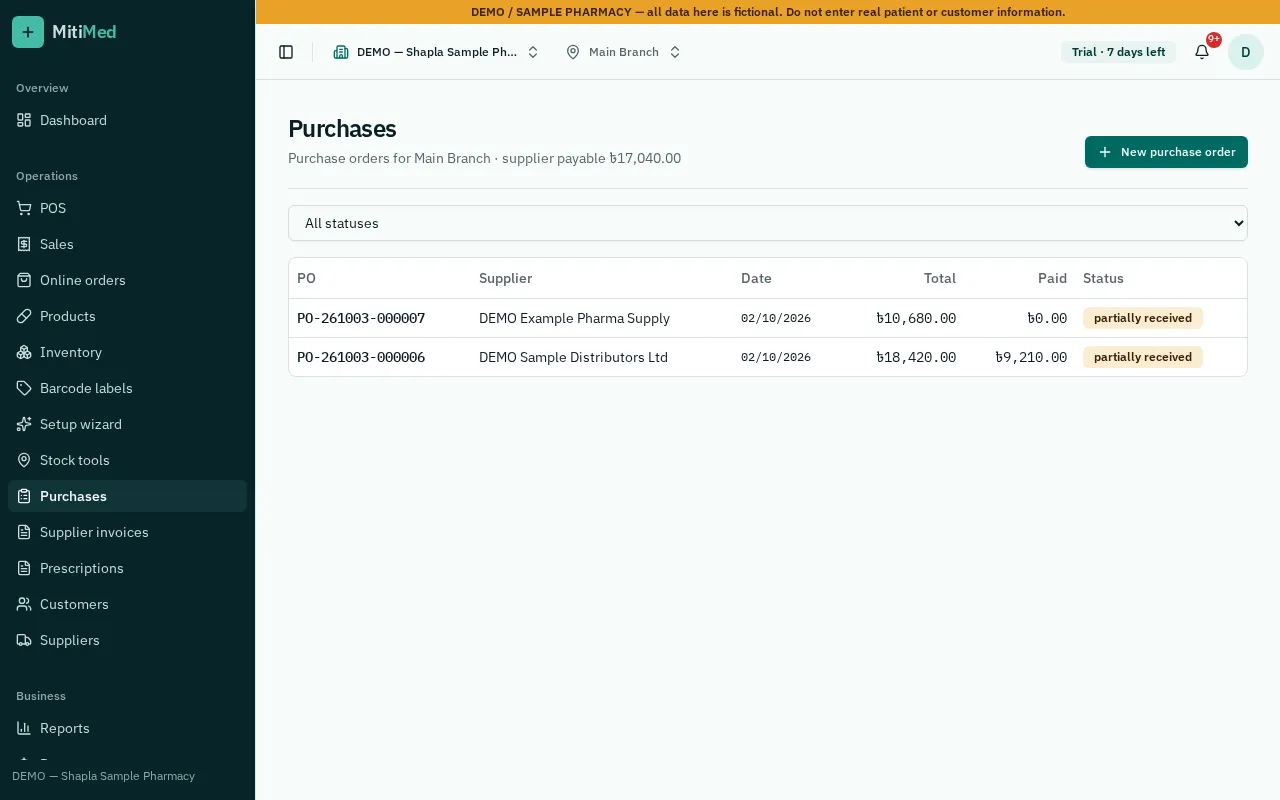 MitiMed purchase orders list with supplier, total, amount paid and partially received status